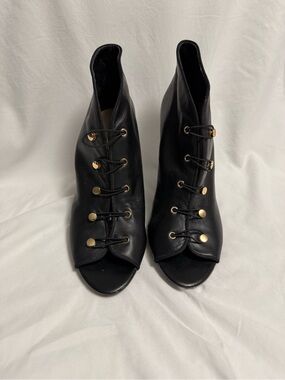 Enzo Angiolini Black Peep-Toe Lace-Up Ankle Booties with Gold Buttons